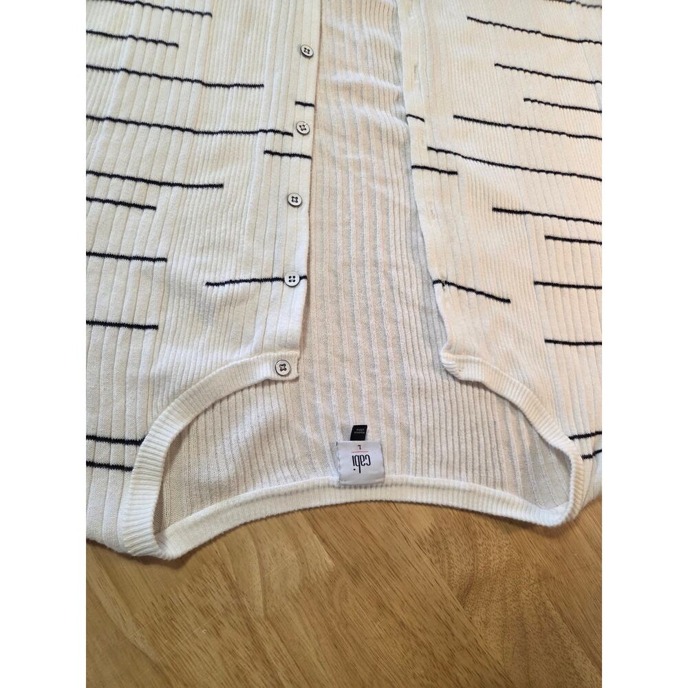 Cabi size large white long cardigan black stripe horizontal close knit cotton - Picture 6 of 13